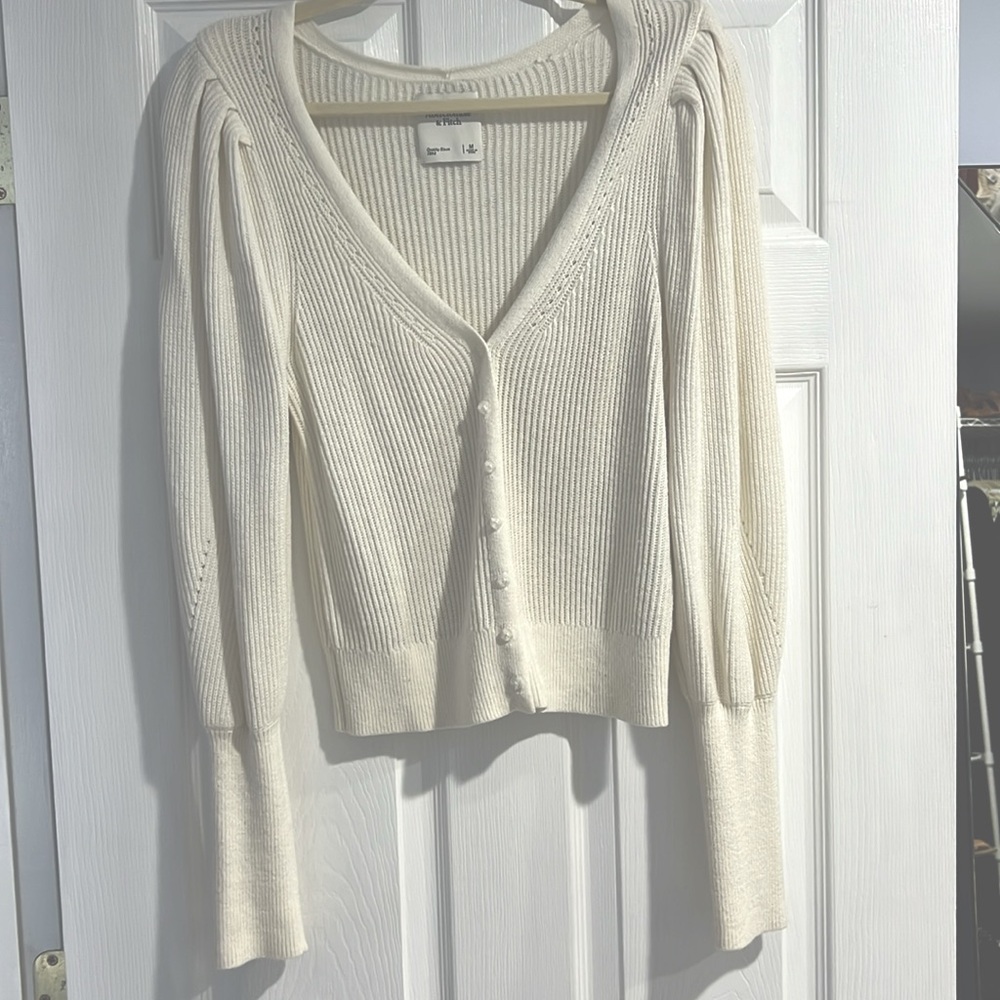 Abercrombie White Button Down Cardigan with Puff Sleeve